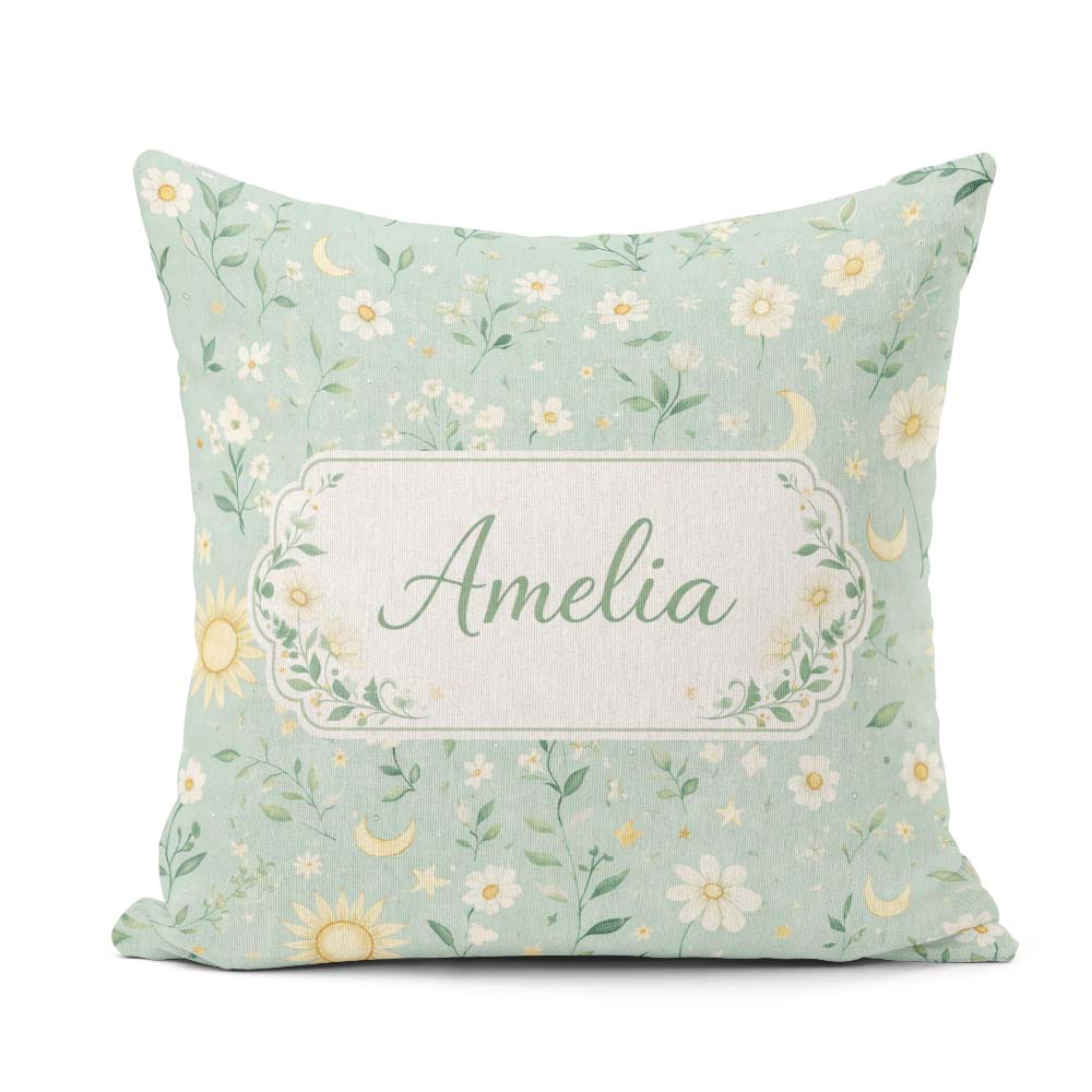 Custom Name Minimal Floral Leaves and Sun moon Pattern Beautiful Square Filled Cushion Throw Pillow Sofa Bed Home Decor Zip Washable UK Made