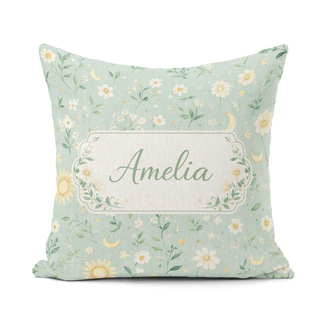 Custom Name Minimal Floral Leaves and Sun moon Pattern Beautiful Square Filled Cushion Throw Pillow Sofa Bed Home Decor Zip Washable UK Made
