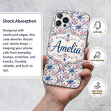Red and Blue Classic Floral Tile Pattern with Custom Name Protective Phone Case Mobile Cover Durable Everyday Smartphone Shock Resistant