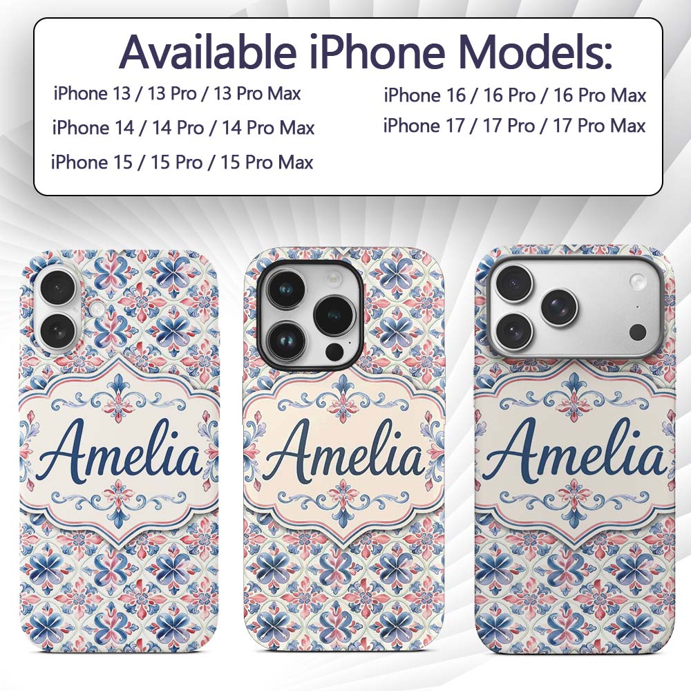 Red and Blue Classic Floral Tile Pattern with Custom Name Protective Phone Case Mobile Cover Durable Everyday Smartphone Shock Resistant