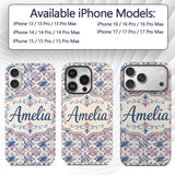 Red and Blue Classic Floral Tile Pattern with Custom Name Protective Phone Case Mobile Cover Durable Everyday Smartphone Shock Resistant