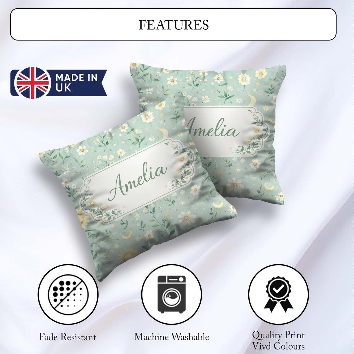 Custom Name Minimal Floral Leaves and Sun moon Pattern Beautiful Square Filled Cushion Throw Pillow Sofa Bed Home Decor Zip Washable UK Made