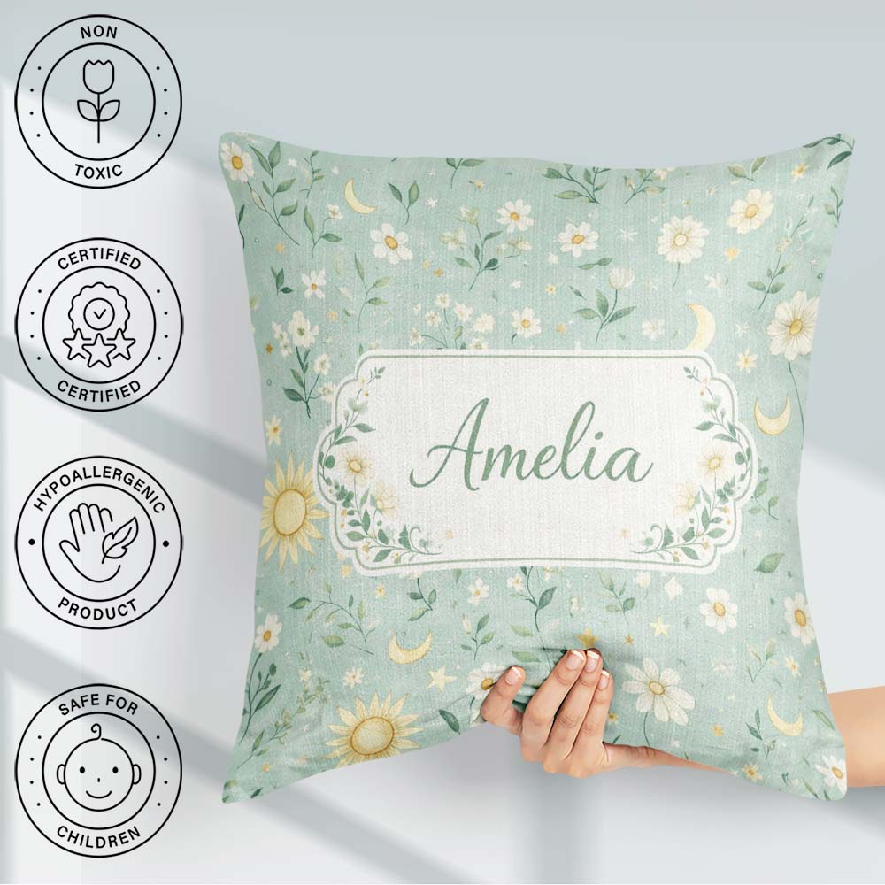 Custom Name Minimal Floral Leaves and Sun moon Pattern Beautiful Square Filled Cushion Throw Pillow Sofa Bed Home Decor Zip Washable UK Made