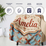 Weathered Blue and Rust Ornate Tile Pattern with Antique Finish  Personalised Custom Name Super Soft Fleece Blanket Bed Sofa Throw