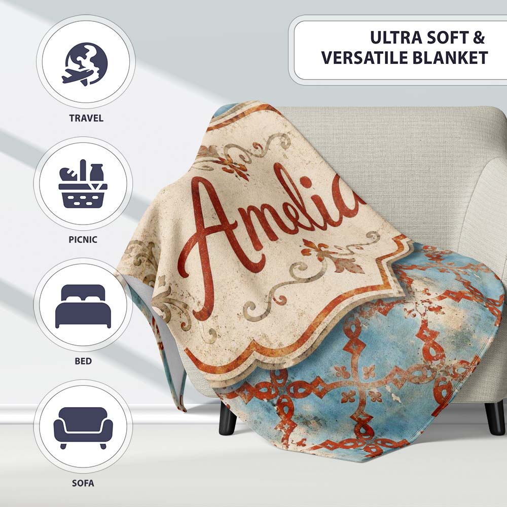Weathered Blue and Rust Ornate Tile Pattern with Antique Finish  Personalised Custom Name Super Soft Fleece Blanket Bed Sofa Throw
