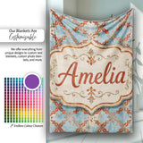 Weathered Blue and Rust Ornate Tile Pattern with Antique Finish  Personalised Custom Name Super Soft Fleece Blanket Bed Sofa Throw