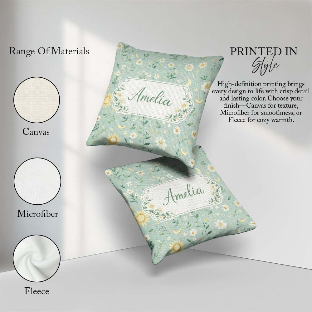 Custom Name Minimal Floral Leaves and Sun moon Pattern Beautiful Square Filled Cushion Throw Pillow Sofa Bed Home Decor Zip Washable UK Made