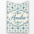 Pale Blue and Cream Traditional Tile Pattern with Floral Medallion  Personalised Custom Name Super Soft Fleece Blanket Bed Sofa Throw