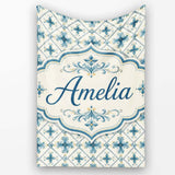 Pale Blue and Cream Traditional Tile Pattern with Floral Medallion  Personalised Custom Name Super Soft Fleece Blanket Bed Sofa Throw