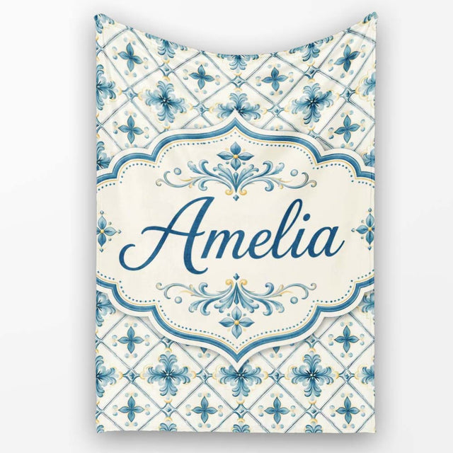 Pale Blue and Cream Traditional Tile Pattern with Floral Medallion  Personalised Custom Name Super Soft Fleece Blanket Bed Sofa Throw