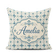 Custom Name Pale Blue Cream Traditional Tile Pattern with Floral Square Filled Cushion Throw Pillow Sofa Bed Home Decor Zip Washable UK Made