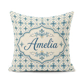Custom Name Pale Blue Cream Traditional Tile Pattern with Floral Square Filled Cushion Throw Pillow Sofa Bed Home Decor Zip Washable UK Made