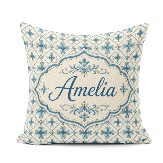 Custom Name Pale Blue Cream Traditional Tile Pattern with Floral Square Filled Cushion Throw Pillow Sofa Bed Home Decor Zip Washable UK Made