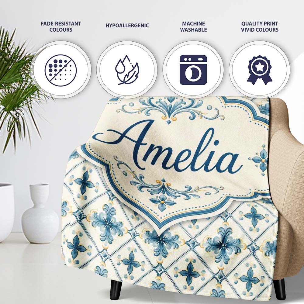 Pale Blue and Cream Traditional Tile Pattern with Floral Medallion  Personalised Custom Name Super Soft Fleece Blanket Bed Sofa Throw