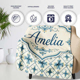 Pale Blue and Cream Traditional Tile Pattern with Floral Medallion  Personalised Custom Name Super Soft Fleece Blanket Bed Sofa Throw