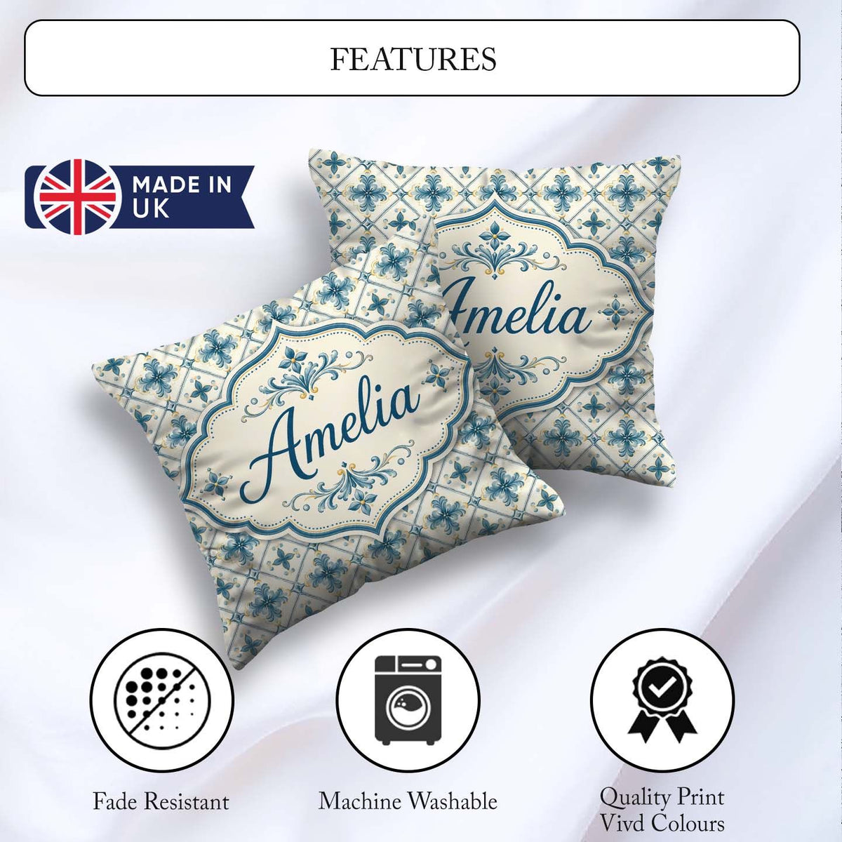 Custom Name Pale Blue Cream Traditional Tile Pattern with Floral Square Filled Cushion Throw Pillow Sofa Bed Home Decor Zip Washable UK Made
