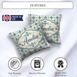 Custom Name Pale Blue Cream Traditional Tile Pattern with Floral Square Filled Cushion Throw Pillow Sofa Bed Home Decor Zip Washable UK Made