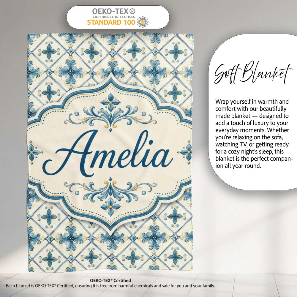 Pale Blue and Cream Traditional Tile Pattern with Floral Medallion  Personalised Custom Name Super Soft Fleece Blanket Bed Sofa Throw
