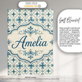 Pale Blue and Cream Traditional Tile Pattern with Floral Medallion  Personalised Custom Name Super Soft Fleece Blanket Bed Sofa Throw