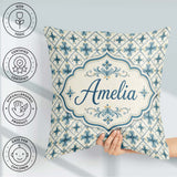 Custom Name Pale Blue Cream Traditional Tile Pattern with Floral Square Filled Cushion Throw Pillow Sofa Bed Home Decor Zip Washable UK Made