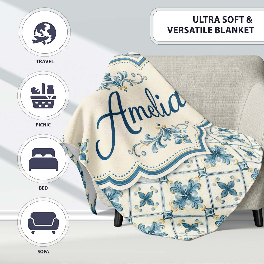 Pale Blue and Cream Traditional Tile Pattern with Floral Medallion  Personalised Custom Name Super Soft Fleece Blanket Bed Sofa Throw