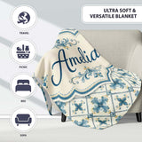 Pale Blue and Cream Traditional Tile Pattern with Floral Medallion  Personalised Custom Name Super Soft Fleece Blanket Bed Sofa Throw