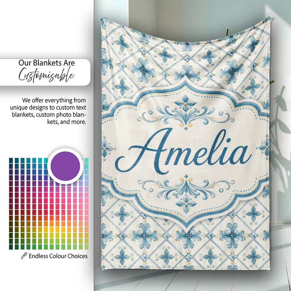 Pale Blue and Cream Traditional Tile Pattern with Floral Medallion  Personalised Custom Name Super Soft Fleece Blanket Bed Sofa Throw