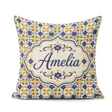 Custom Name Navy and Mustard Decorative Tile Pattern with Floral Square Filled Cushion Throw Pillow Sofa Bed Home Decor Zip Washable UK Made