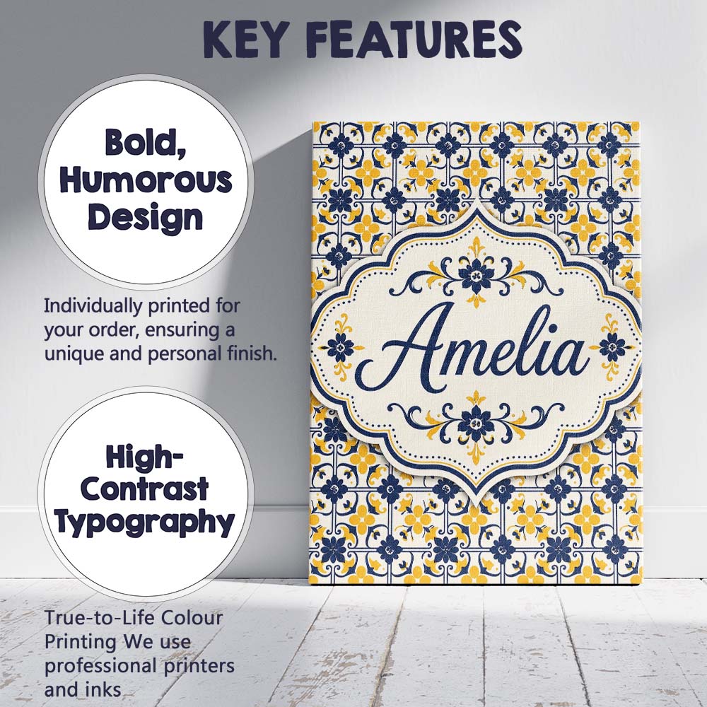 Personalised Name Navy and Mustard Decorative Custom Unique Gift Idea Modern Room Accent Canvas Wall Art Print Decor Picture Ready to Hang