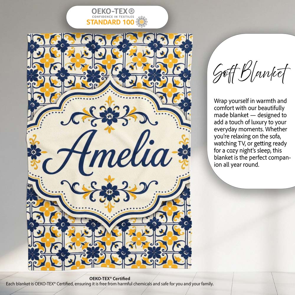 Navy and Mustard Decorative Tile Pattern with Bold Floral Geometry  Personalised Custom Name Super Soft Fleece Blanket Bed Sofa Throw