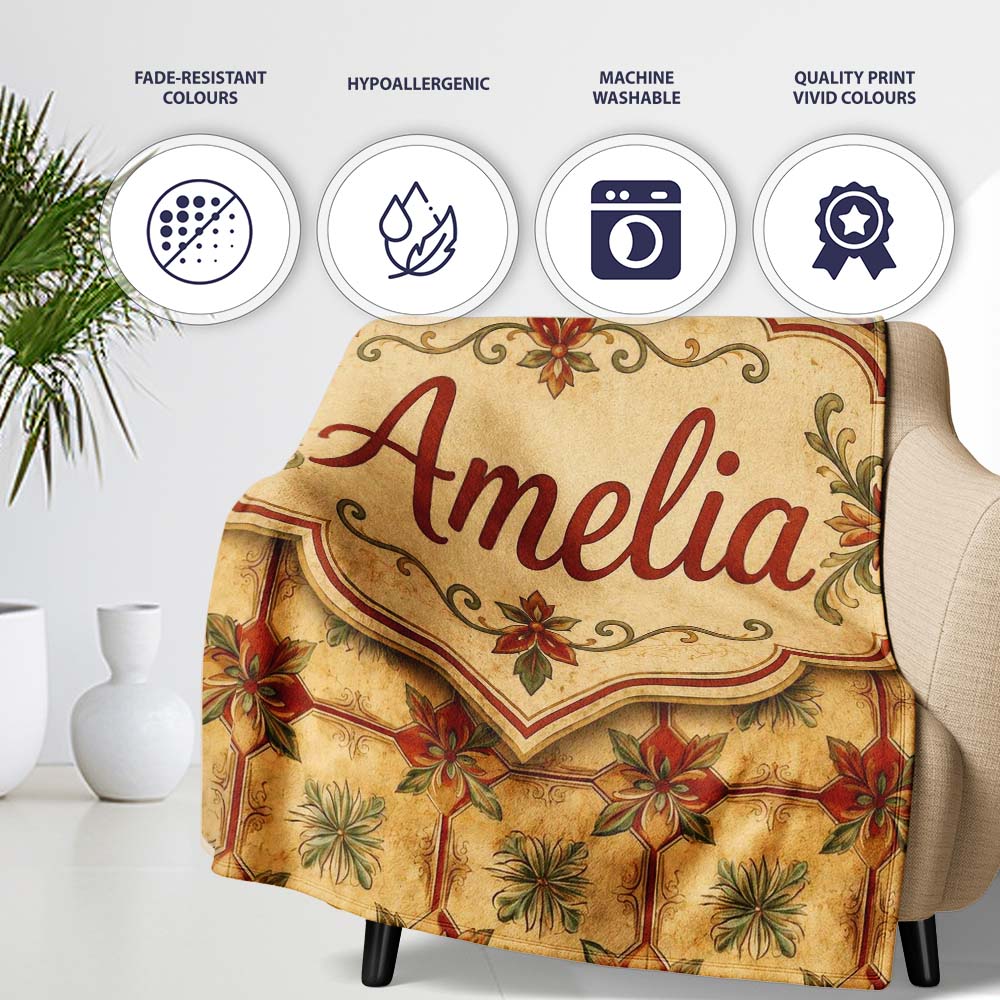 Vintage Floral Tile Pattern in Warm Beige and Terracotta Geometric  Personalised Custom Name Super Soft Fleece Blanket Bed Sofa Throw