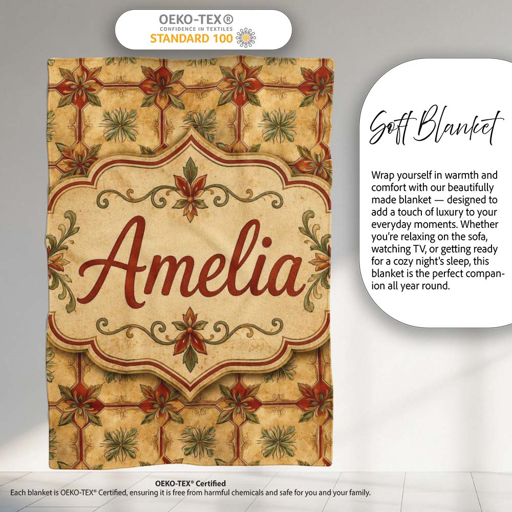 Vintage Floral Tile Pattern in Warm Beige and Terracotta Geometric  Personalised Custom Name Super Soft Fleece Blanket Bed Sofa Throw