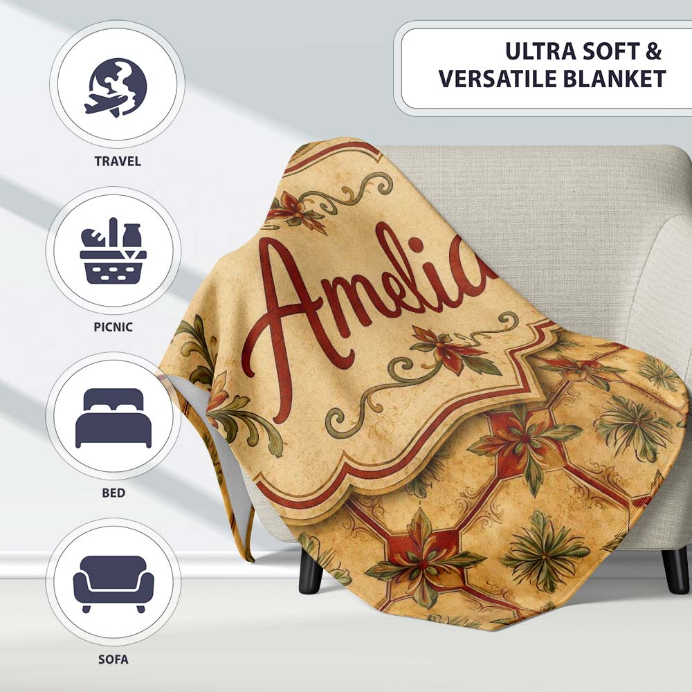 Vintage Floral Tile Pattern in Warm Beige and Terracotta Geometric  Personalised Custom Name Super Soft Fleece Blanket Bed Sofa Throw