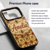 Vintage Floral Tile Pattern in Warm Beige and Custom Name Protective Phone Case Mobile Cover Durable Everyday Smartphone Shock Resistant