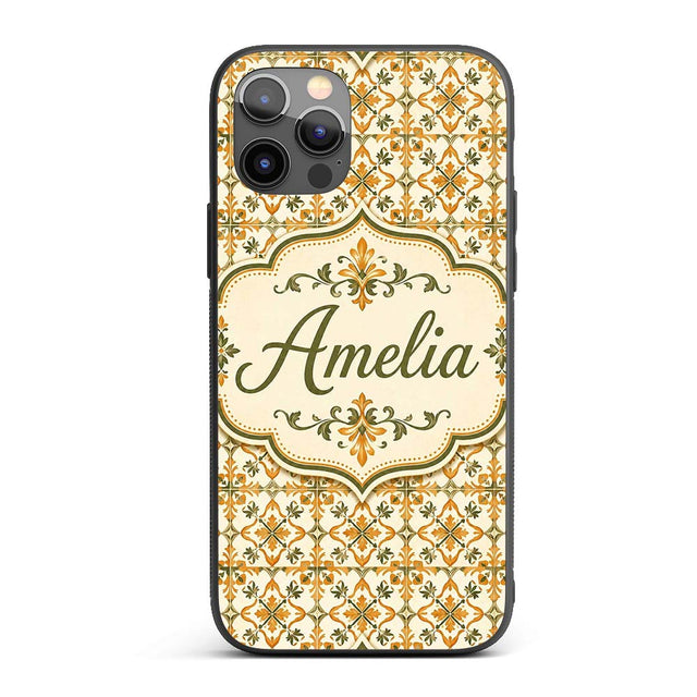 Ornate Orange and Olive Decorative Tile Motif Custom Name Protective Phone Case Mobile Cover Durable Everyday Smartphone Shock Resistant
