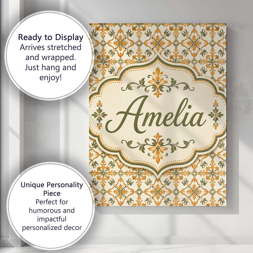 Personalised Name Ornate Orange and Olive Custom  Unique Gift Idea Elegant Feature Canvas Wall Art Print Decor Picture Ready to Hang