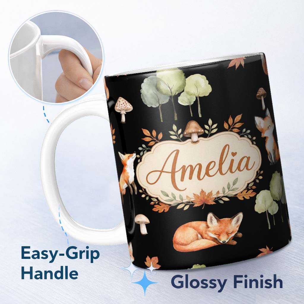Personalized Custom Name Cute Forest Fox Autumn Leaves Trees Mushrooms Woodland Animals 11oz Ceramic Coffee Tea Mug White Large Handle