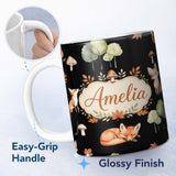 Personalized Custom Name Cute Forest Fox Autumn Leaves Trees Mushrooms Woodland Animals 11oz Ceramic Coffee Tea Mug White Large Handle