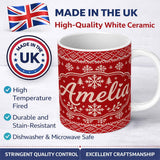 Personalized Custom Name Red Knitted Heart Pattern Christmas Seamless Charming Kitchen Decor 11oz Ceramic Coffee Tea Mug White Large Handle