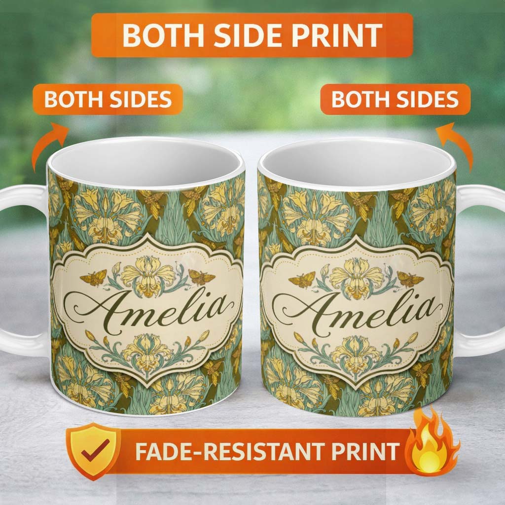 Personalized Custom Name Art Nouveau Lily Flowers with Moths Decorative Seamless Pattern 11oz Ceramic Coffee Tea Mug White Large Handle