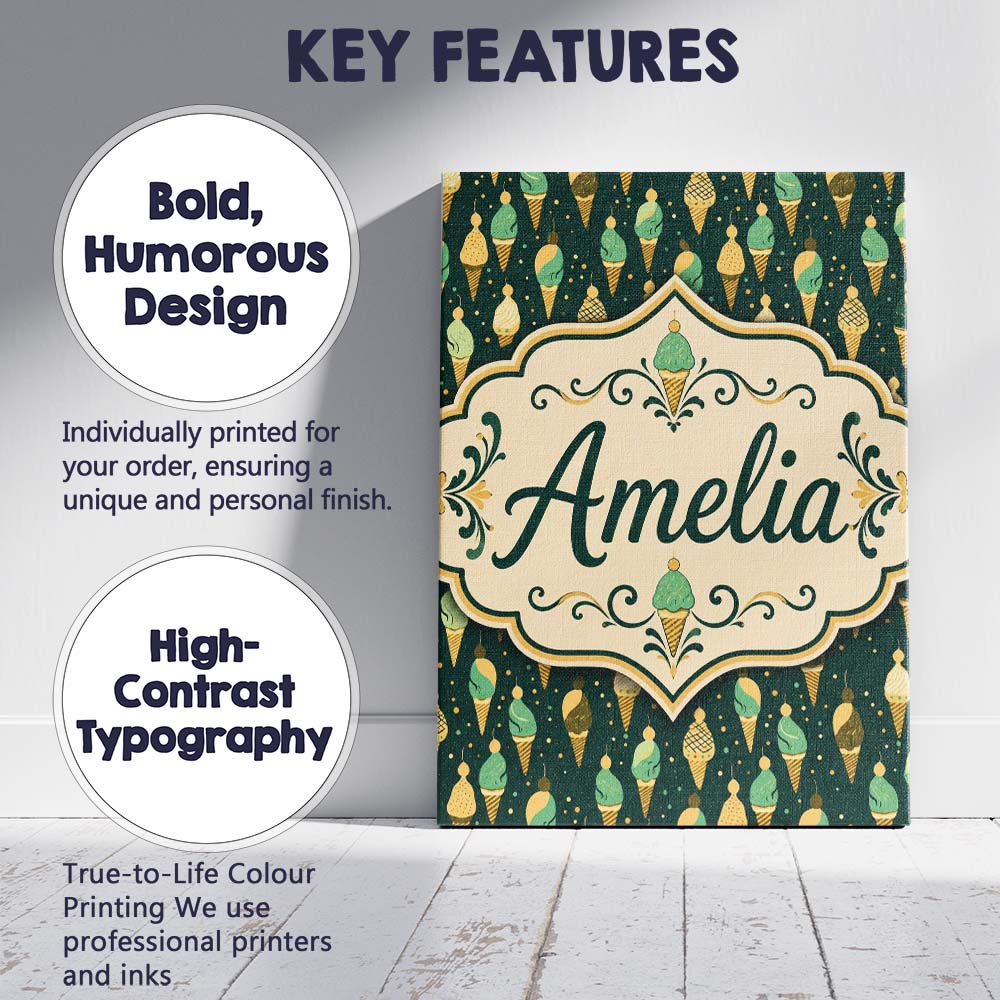 Personalised Name Dark Green Ice Cream Cone Custom  Bespoke Interior Contemporary Canvas Wall Art Print Decor Picture Ready to Hang