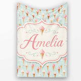 Pastel Ice Cream Cones on Sky Blue with Clouds Cute Sweet Dessert  Personalised Custom Name Super Soft Fleece Blanket Bed Sofa Throw