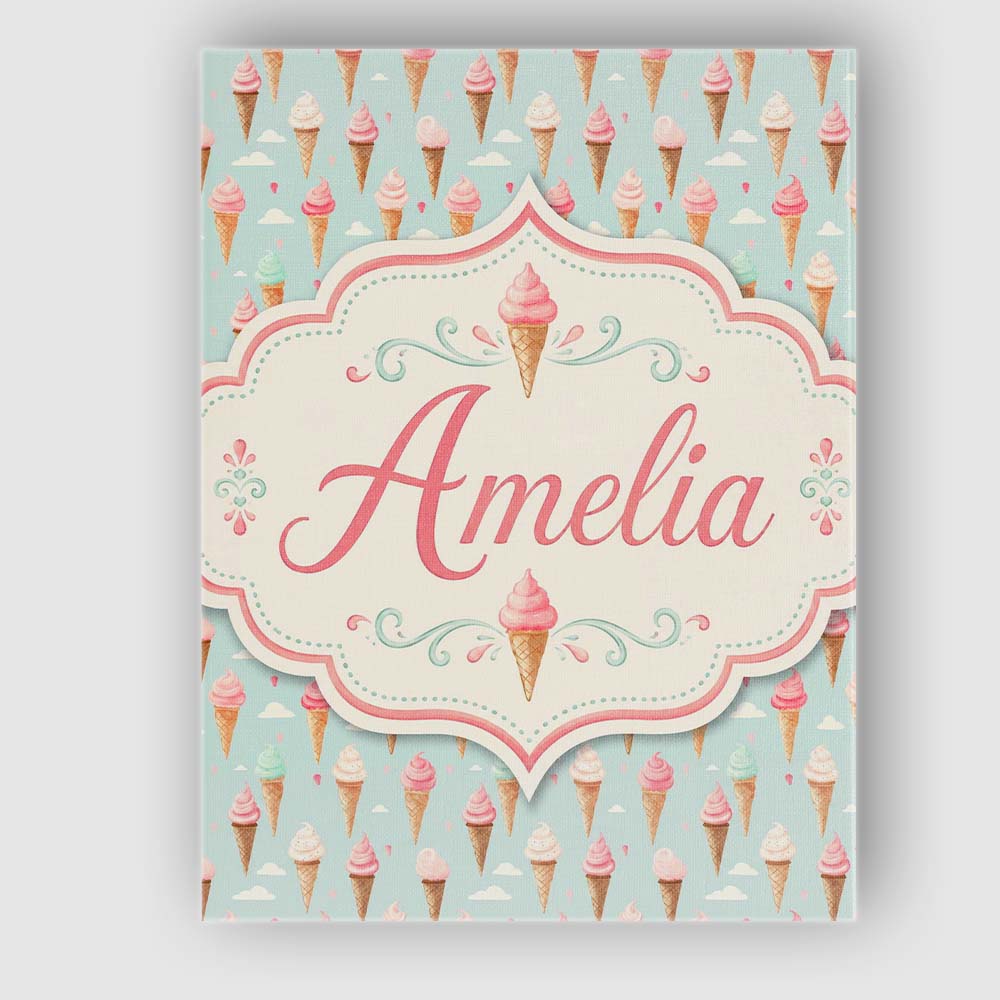Personalised Name Pastel Ice Cream Cones on Custom  Bespoke Interior Contemporary Canvas Wall Art Print Decor Picture Ready to Hang
