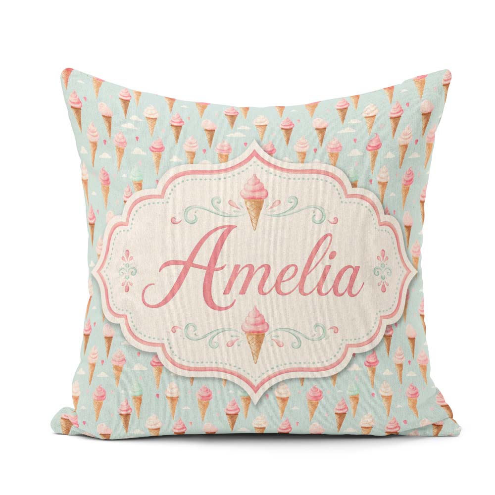 Custom Name Pastel Ice Cream Cones on Sky Blue with Clouds Sweet Square Filled Cushion Throw Pillow Sofa Bed Home Decor Zip Washable UK Made