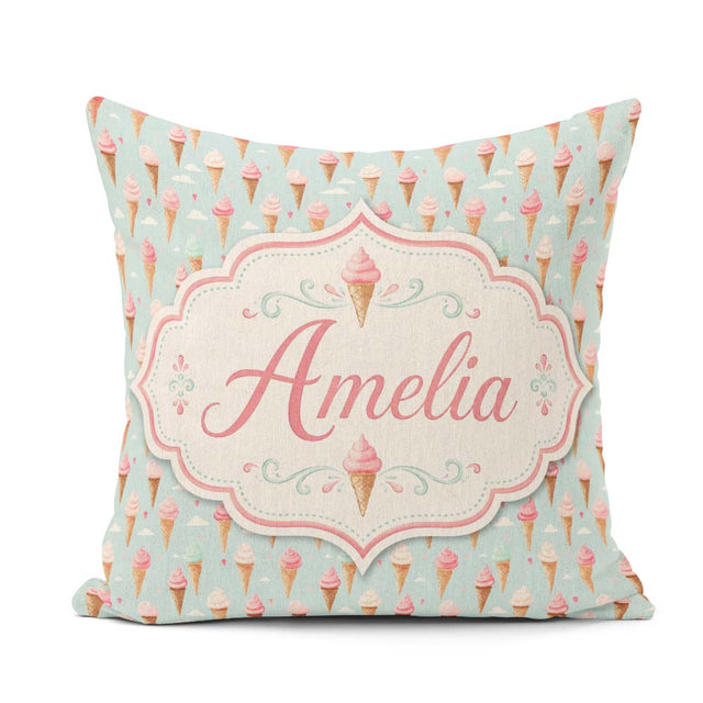 Custom Name Pastel Ice Cream Cones on Sky Blue with Clouds Sweet Square Filled Cushion Throw Pillow Sofa Bed Home Decor Zip Washable UK Made