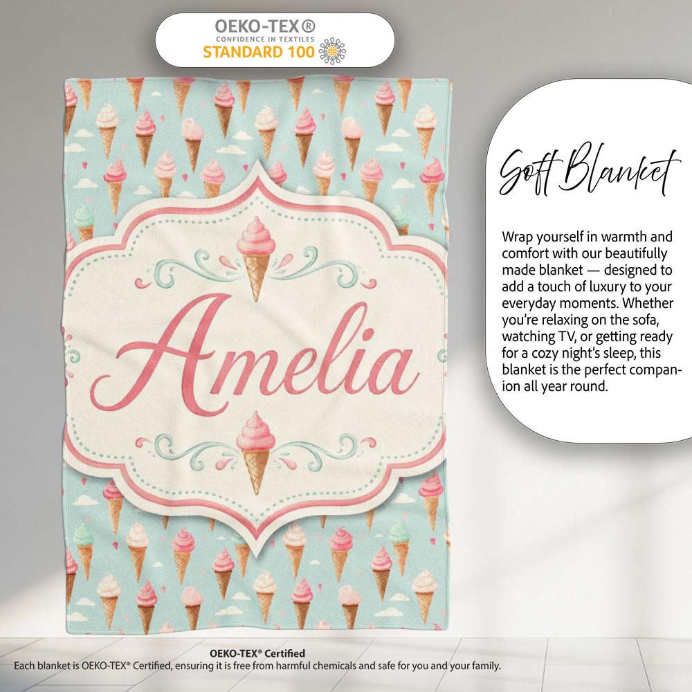 Pastel Ice Cream Cones on Sky Blue with Clouds Cute Sweet Dessert  Personalised Custom Name Super Soft Fleece Blanket Bed Sofa Throw