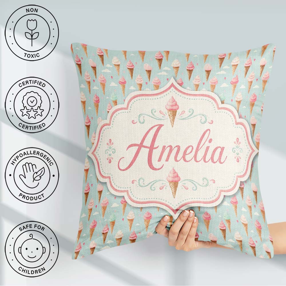 Custom Name Pastel Ice Cream Cones on Sky Blue with Clouds Sweet Square Filled Cushion Throw Pillow Sofa Bed Home Decor Zip Washable UK Made