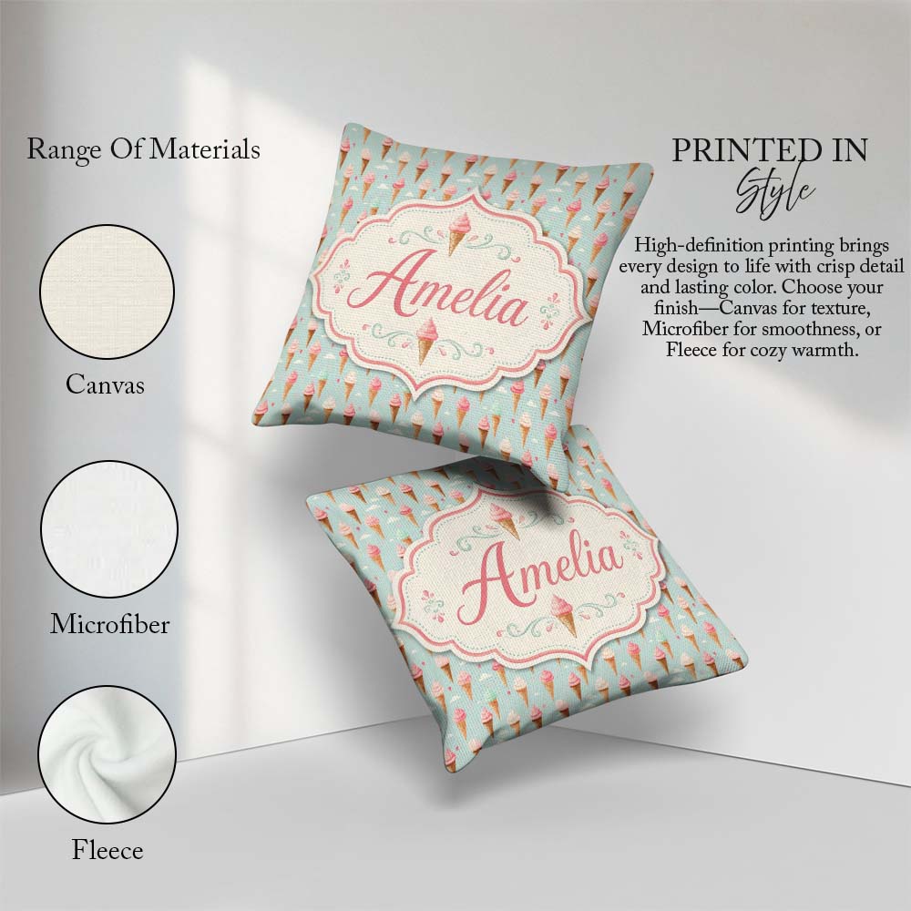 Custom Name Pastel Ice Cream Cones on Sky Blue with Clouds Sweet Square Filled Cushion Throw Pillow Sofa Bed Home Decor Zip Washable UK Made