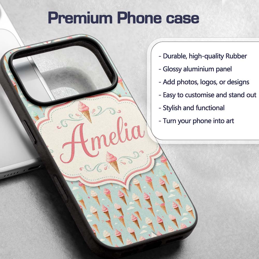Pastel Ice Cream Cones on Sky Blue with Clouds Custom Name Protective Phone Case Mobile Cover Durable Everyday Smartphone Shock Resistant
