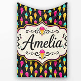 Bright Neon Ice Cream Cones on Black Fun Pop Art Dessert Seamless  Personalised Custom Name Super Soft Fleece Blanket Bed Sofa Throw